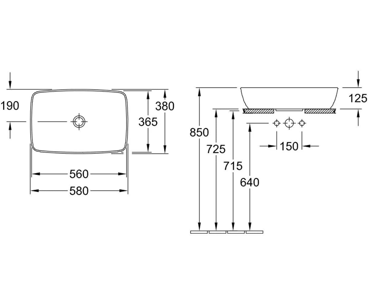 Купа Artis 58х38 см. - Villeroy & Boch диаграма размери и монтажна схема за онлайн магазин KERANOVA