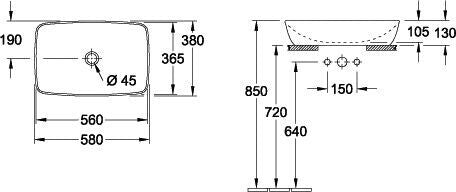 Купа Artis 58х38,5 см. - Villeroy & Boch дизайнерска мивка жълто-бяла, монтаж върху плот, размери и технически схеми - KERANOVA