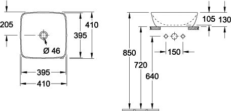 Купа Artis 41х41 см. - Villeroy & Boch, дизайнерска керамична мивка 410x410 мм, френско сиво с бяла вътрешна част, схема с размери за монтаж