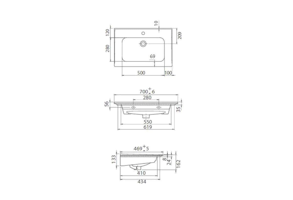 Alt Tag: Мебелна мивка Blue 70х47 см. – технически чертеж с размери, отвор за смесител, онлайн магазин за обзавеждане за бани KERANOVA