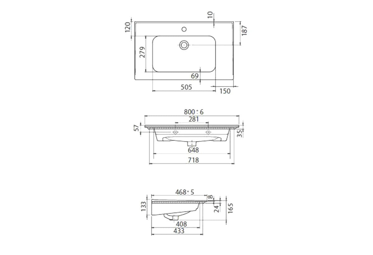 Мебелна мивка Blue 80х47 см. технически чертеж с размери и отвор за батерия за онлайн магазин KERANOVA