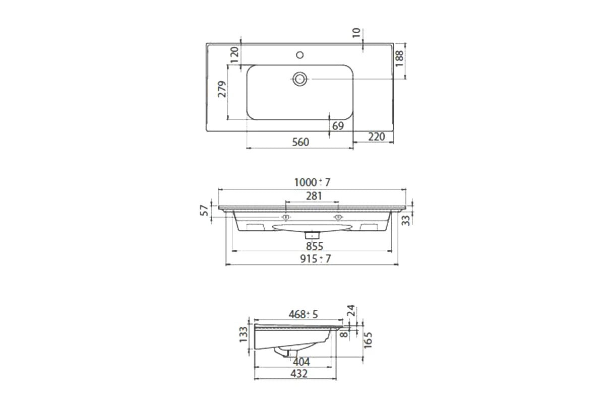 Мебелна мивка Blue 100х47 см. – технически чертеж с размери, отвор за смесител, KERANOVA онлайн магазин за обзавеждане за бани