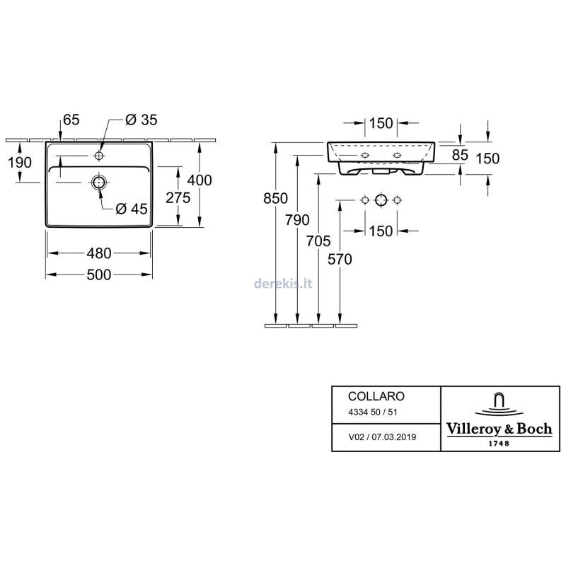 Мивка Collaro 50x40 см. - Villeroy & Boch технически чертеж с размери и монтажни височини за онлайн магазин KERANOVA