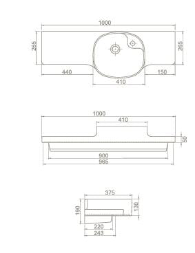 Мебелна мивка Harmony 100 см. - лява и дясна, технически чертеж с размери 1000x375 мм за онлайн магазин KERANOVA