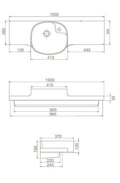 Мебелна мивка Harmony 100 см. - лява и дясна. Технически чертеж с размери и отвор за смесител, онлайн магазин KERANOVA