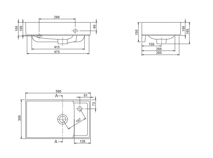 Мивка Sharp 50х30 см. технически чертеж с размери за монтаж върху мебел и стена - онлайн магазин KERANOVA