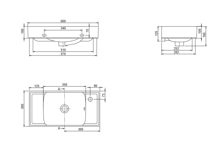 Мивка Sharp 60х30 см. - лява и дясна, технически чертеж с размери и отвори за смесител за онлайн магазин KERANOVA