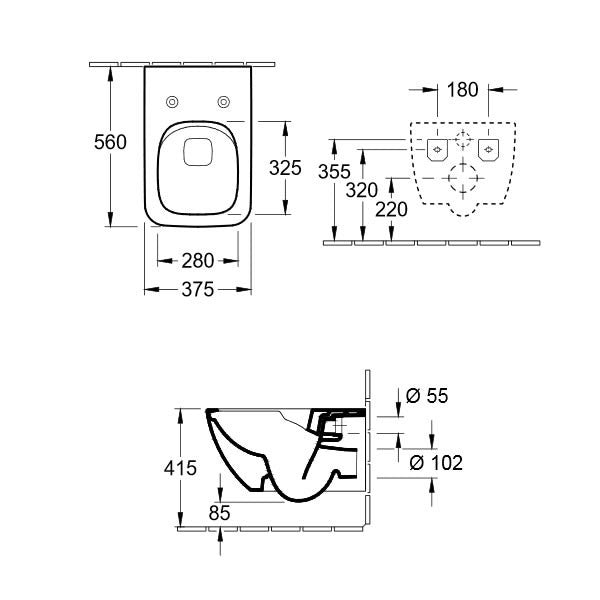 Rimless конзолна тоалетна Venticello Direct Flush - Villeroy&Boch технически чертеж с размери 560x375 мм, монтажни отстояния и отвори за онлайн магазин KERANOVA