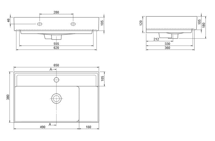 Мивка Sharp 65х38 см - технически чертеж и размери за монтаж, онлайн магазин за обзавеждане за бани KERANOVA
