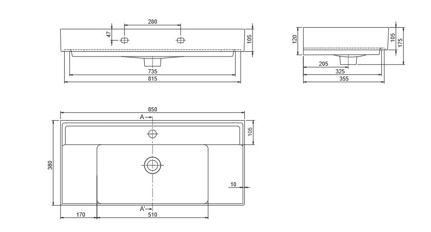 Мивка Sharp 85х38 см. технически чертеж с размери, за монтаж върху мебел или на стена - онлайн магазин за обзавеждане за бани KERANOVA