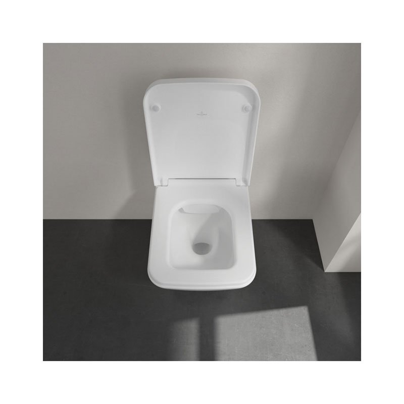 Rimless конзолна тоалетна Finion Direct Flush - Villeroy&Boch, бяла квадратна висяща чиния Finion 4664R0R1 с DirectFlush и плавно падащ капак - KERANOVA