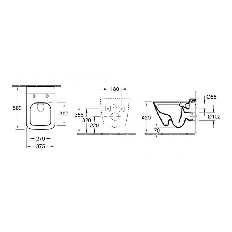Rimless конзолна тоалетна Finion Direct Flush - Villeroy&Boch технически чертеж с размери 56x37,5x35см за онлайн магазин KERANOVA