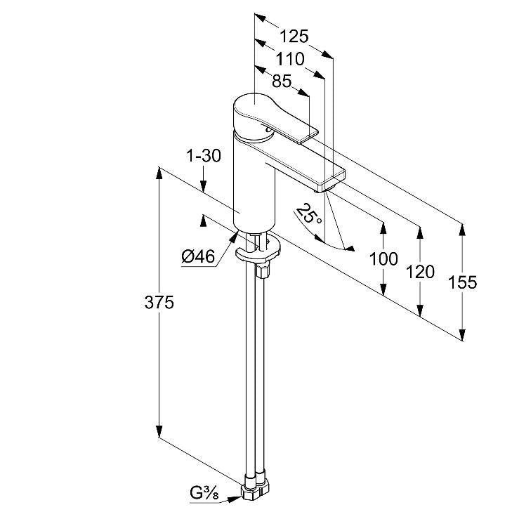 Смесител за мивка Kludi Zenta Matt Black - технически чертеж с размери, черен мат, височина чучура 100 мм, монтажен комплект, KERANOVA