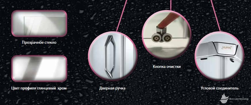 Немска душ кабина Huppe X1 - 90x90 снимка детайли стъкло, дръжка, ролка и хромиран профил за онлайн магазин KERANOVA