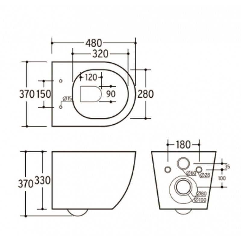 Rimless конзолна тоалетна Mini - 48.5 см - ДО ИЗЧЕРПВАНЕ! технически чертеж с размери и монтажни отвори за онлайн магазин KERANOVA