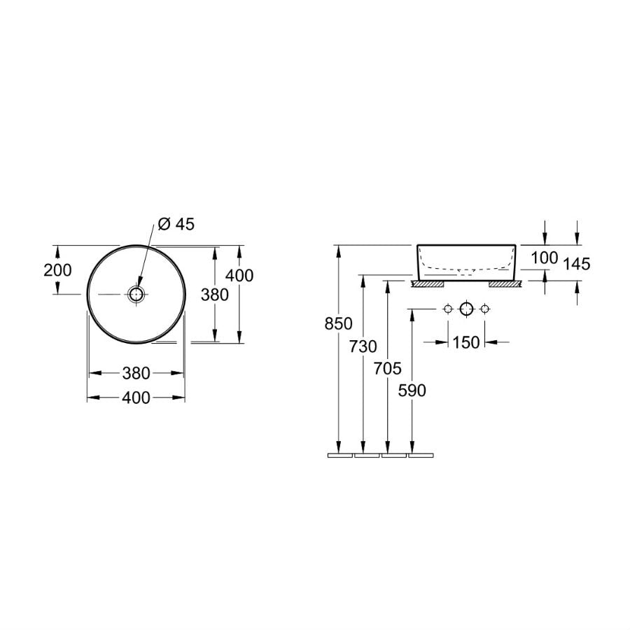 Купа Collaro 40x40 Villeroy & Boch — технически размери мивка кръгла Ø45 см, монтаж върху плот, TitanCeram, онлайн магазин KERANOVA