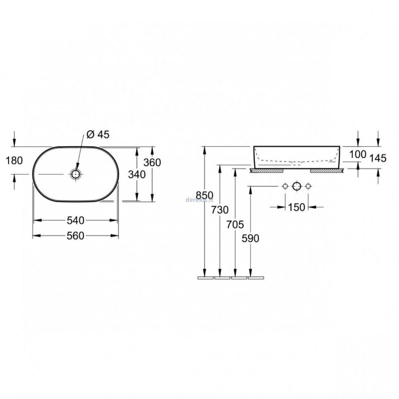 Купа Collaro 56x36 Villeroy & Boch схема с размери и монтажни отвори за мивка - онлайн магазин за обзавеждане за бани KERANOVA