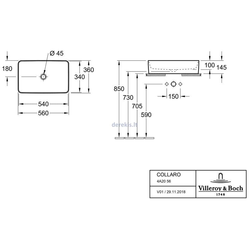Купа Collaro 56x36 Villeroy & Boch – схематичен технически чертеж с размери и монтажни отвори за онлайн магазин KERANOVA