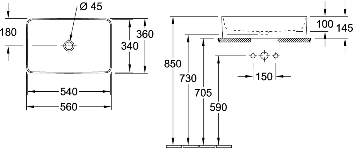 Collaro Stone White 56x36 Villeroy & Boch - бял мат dimensions drawing with measurements