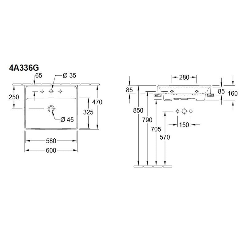 Мивка Collaro 60x47 см. - Villeroy & Boch технически чертеж с размери за монтаж, отвор за смесител и преливник — KERANOVA онлайн магазин