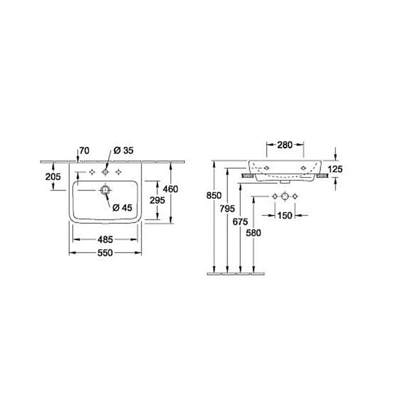 Мивка O.Novo 55x46 - Villeroy & Boch технически чертеж с размери за монтаж, онлайн магазин за обзавеждане за бани KERANOVA