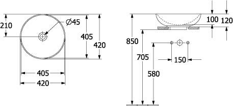 Alt Tag: Мивка Loop & Friends 42х42 Villeroy & Boch - технически чертеж с размери и монтажни височини за онлайн магазин KERANOVA