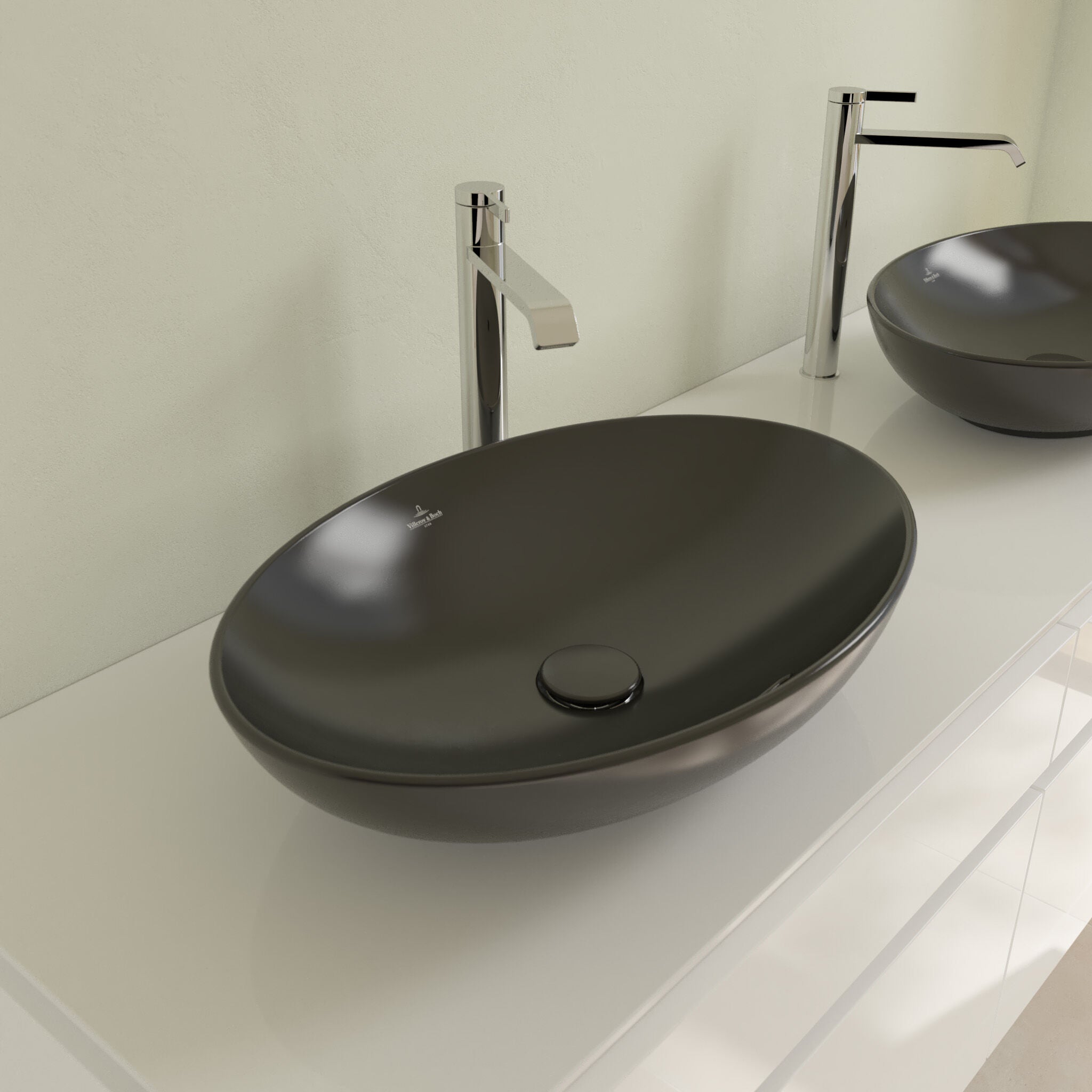 Мивка Loop & Friends Ebony 56х38 Villeroy & Boch върху плот, купа Ebony, стилен дизайн за баня - онлайн магазин за обзавеждане KERANOVA