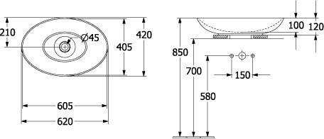 Мивка Loop & Friends 62х42 Villeroy & Boch схема и размери за монтаж върху плот, онлайн магазин за обзавеждане за бани KERANOVA
