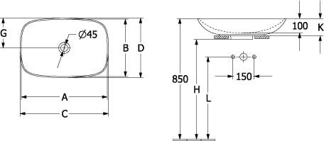 Мивка Loop & Friends 56х38 Villeroy & Boch - технически чертеж с размери и разположение на монтаж за KERANOVA онлайн магазин