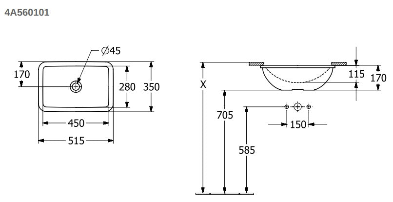 мивка за под плот Loop & Friends 52x35 - Villeroy & Boch технически чертеж с размери 515x350x170 мм, вариант без преливник 4A560101, KERANOVA