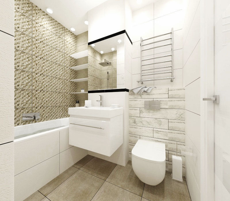 Баня Timbre 29.8x59.8 - модерен бял интериор с текстурни плочки, мивка на стена и вана в онлайн магазин KERANOVA