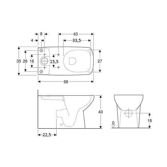 Моноблок Selnova Square Premium Rimfree - Geberit схема с размери, технически чертеж за онлайн магазин KERANOVA