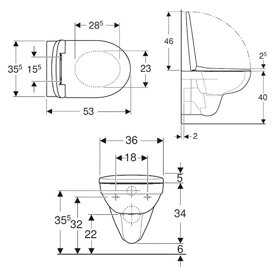 Тоалетна Selnova Rimfree - Geberit висяща тоалетна със схеми и размери, капак Duroplast, за онлайн магазин KERANOVA