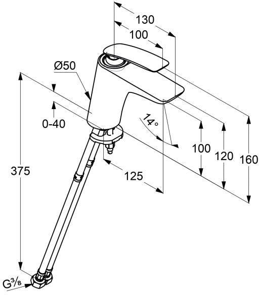 Смесител за мивка Kludi Balance Chrome – технически чертеж с размери, височина 375 мм, чучур 100 мм, аератор, монтажен комплект – KERANOVA