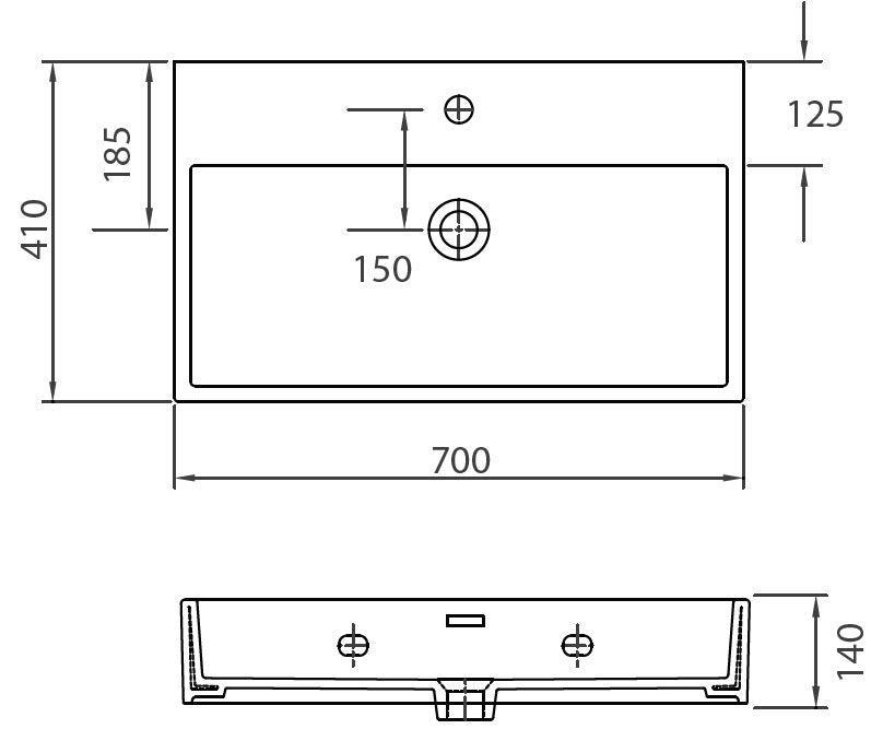 Мивка Daphne 70х41 см. порцеланова мивка за баня 70x41x14 см, монтаж стена/шкаф/плот, схема с размери | онлайн магазин за обзавеждане KERANOVA