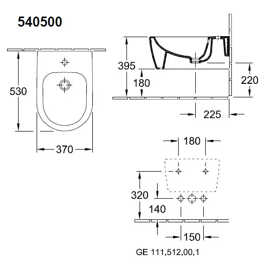 стенно биде Avento - Villeory & Boch технически чертеж с размери 530x370 mm за онлайн магазин KERANOVA