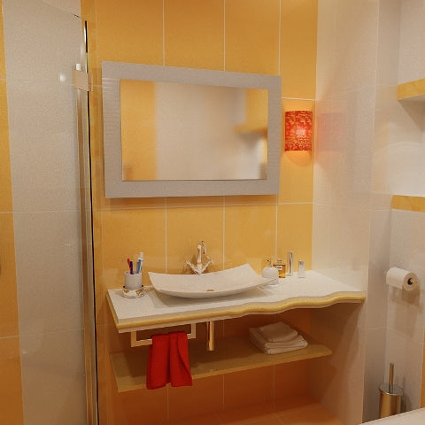 Плотове от технически камък за съвременна баня - конзолен плот KERANOVA с бял умивалник и рафт