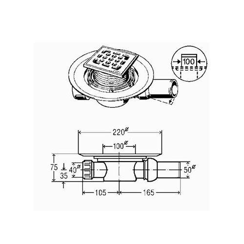 Подов сифон Advantix 557 119 с неръждаема решетка, хидроизолационен фланец и втори вход – технически чертеж и размери, KERANOVA онлайн магазин