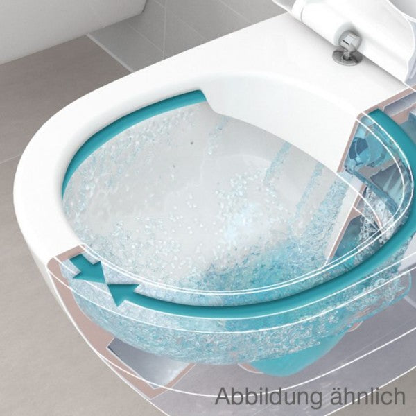 Rimless конзолна тоалетна Joyce Direct Flush квадратна - Villeroy&Boch на KERANOVA, показва технология DirectFlush (rimless) и плавен капак
