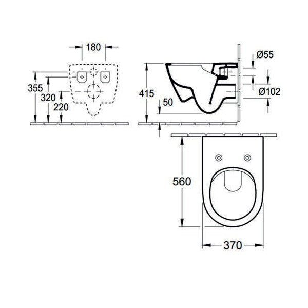 Rimless конзолна тоалетна Subway 2.0 Direct Flush - Villeroy&Boch диаграма с размери и монтажни отвори за онлайн магазин KERANOVA