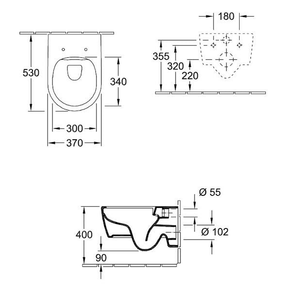 Rimless конзолна тоалетна Avento Direct Flush - Villeroy&Boch диаграма с размери и монтажни отвори за онлайн магазин KERANOVA