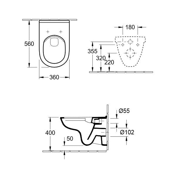Rimless конзолна тоалетна O.novo Direct Flush - Villeroy&Boch технически чертеж с размери 560x360 мм, монтаж на стена, AQUEDUCT® 3/4.5 л - KERANOVA