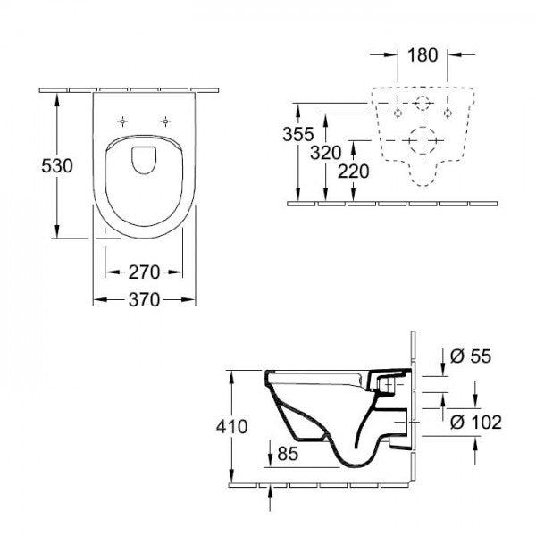 Rimless конзолна тоалетна Omnia Architectura Direct Flush овална - Villeroy&Boch технически чертеж с размери 53x37x32.5см за онлайн магазин KERANOVA
