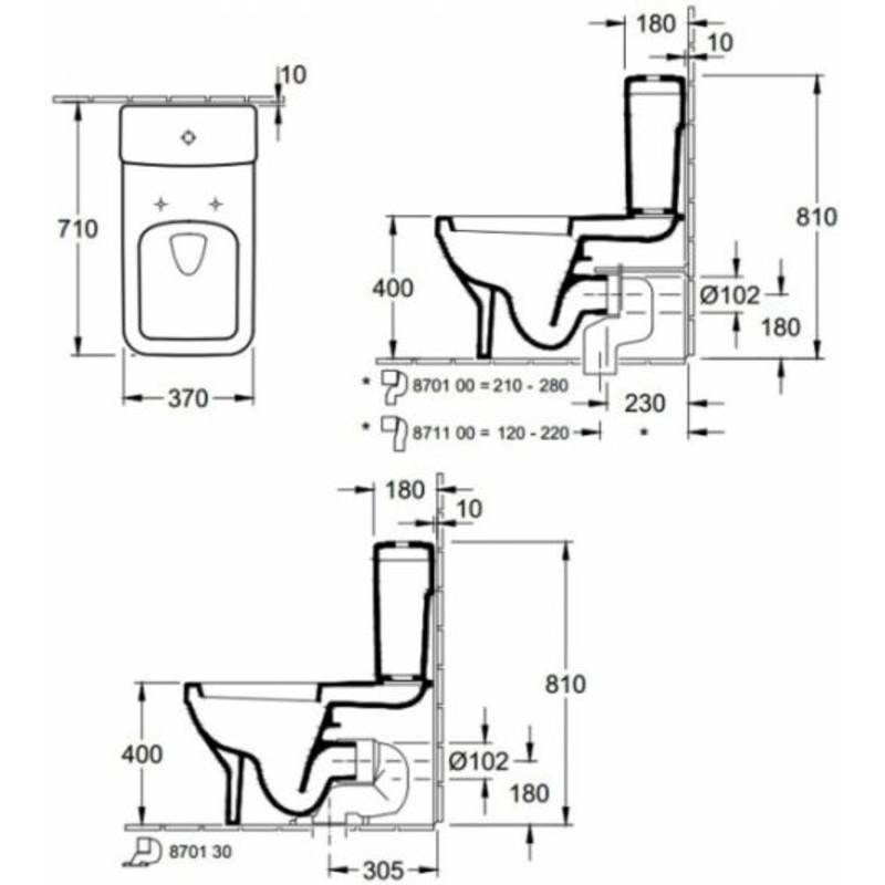 Моноблок Architectura - Villeroy & Boch технически чертеж с размери, бяло порцеланово тоалетно тяло за онлайн магазин KERANOVA
