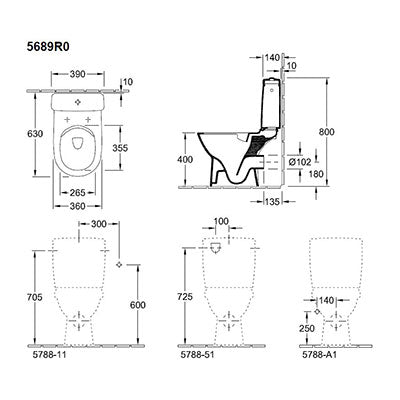 Моноблок Rimless O.novo - Villeroy & Boch технически чертеж с размери и схема, онлайн магазин KERANOVA