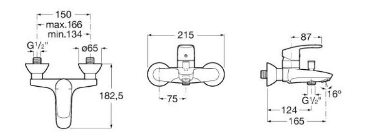 Стенен смесител за вана/душ Monodin-N Roca - технически чертеж и размери, онлайн магазин KERANOVA