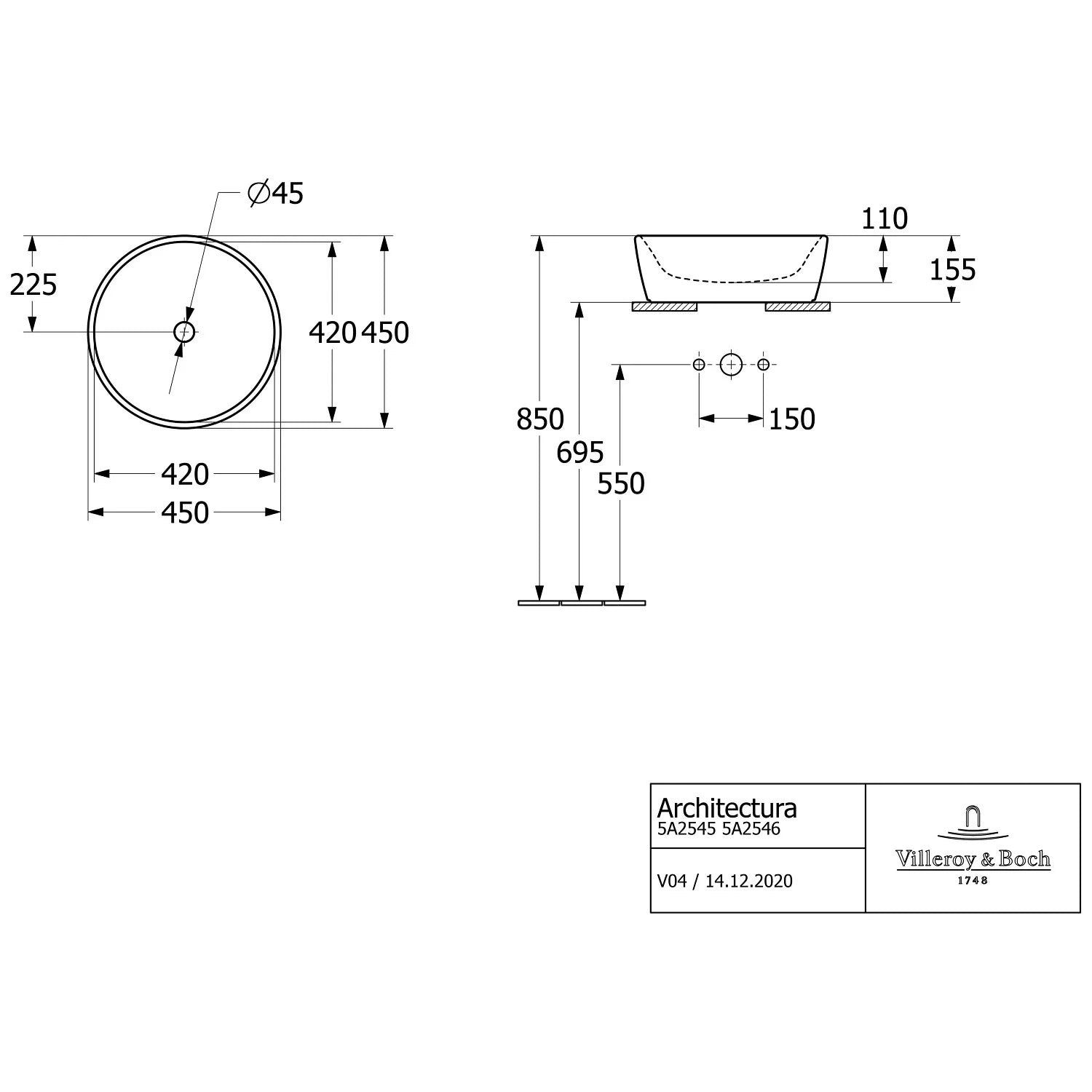 Мивка Architectura Ф45 Villeroy & Boch - технически чертеж с размери 45х45х15.5 см за онлайн магазин KERANOVA