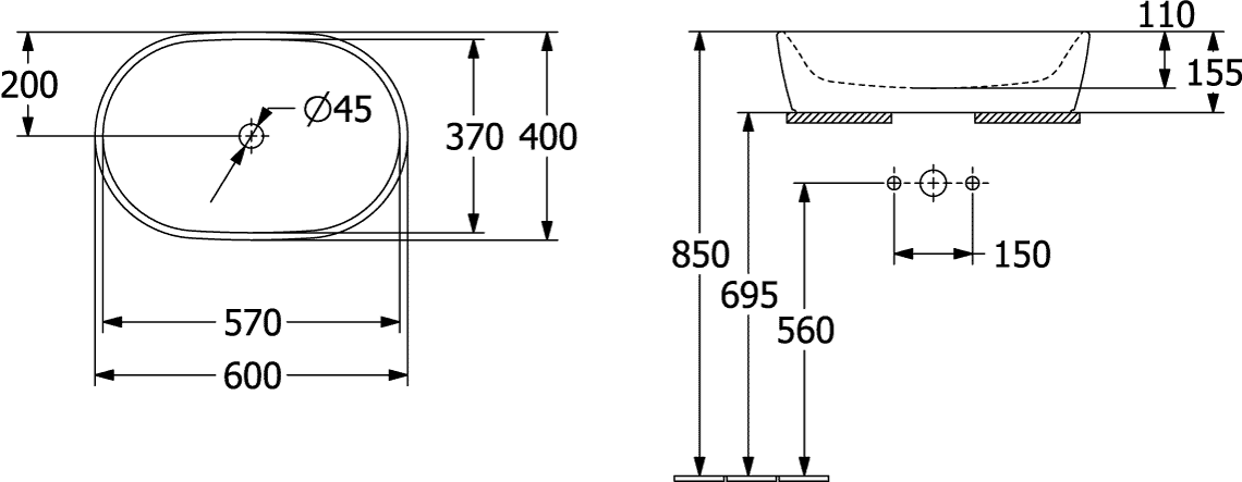 Architectura 60x40 Villeroy & Boch dimensions drawing and specifications for Collaro sink.