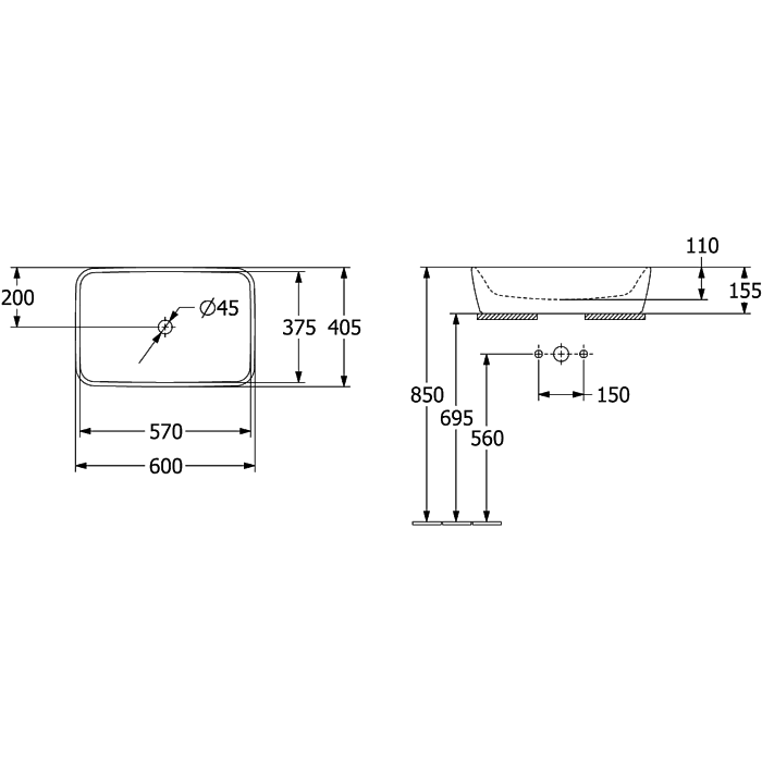 Architectura 60х40.5 см. - Villeroy & Boch dimensions drawing for designer sink installation.