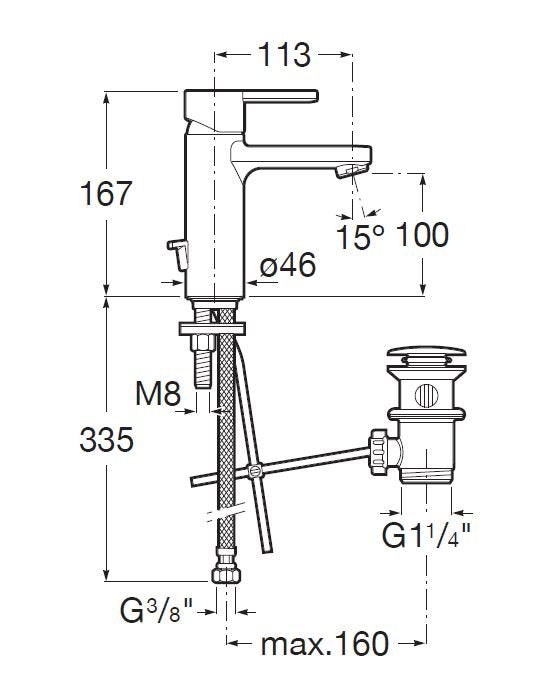 Roca Naia Смесител за мивка - технически чертеж с измерения, изпразнител и гъвкави връзки за онлайн магазин KERANOVA